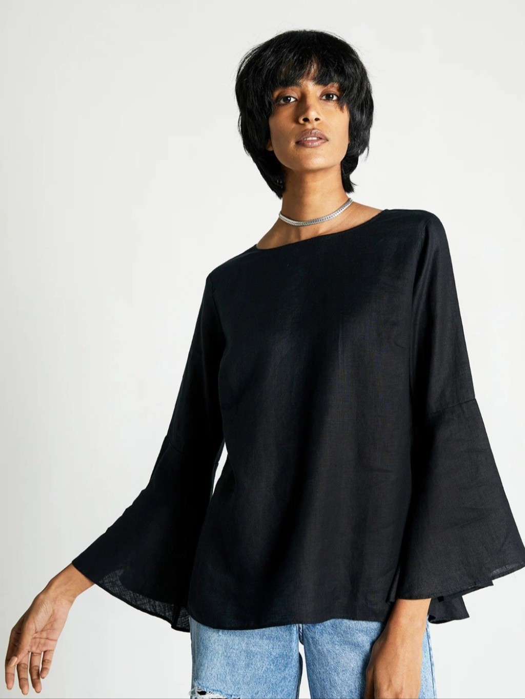 Black Bell-Sleeve 100% Hemp Top - Women (T151)